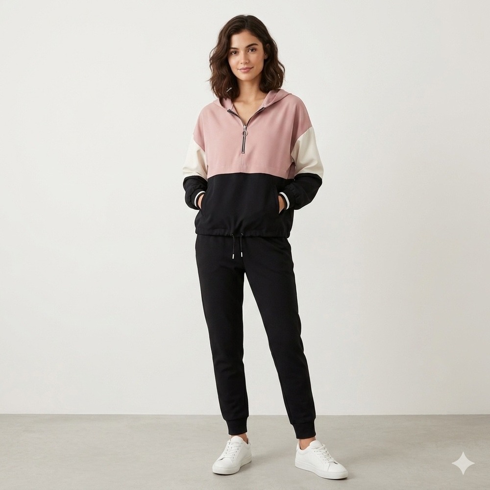 Zara Windbreaker Colorblock Pullover Women Medium Pink Black Cream Quarter Zip